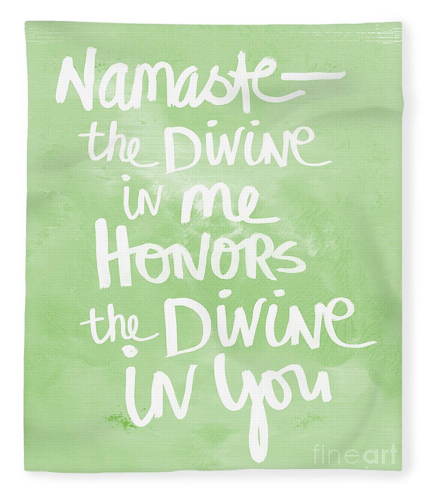 Namaste Fleece Blanket featuring the painting Namaste green and white by Linda Woods