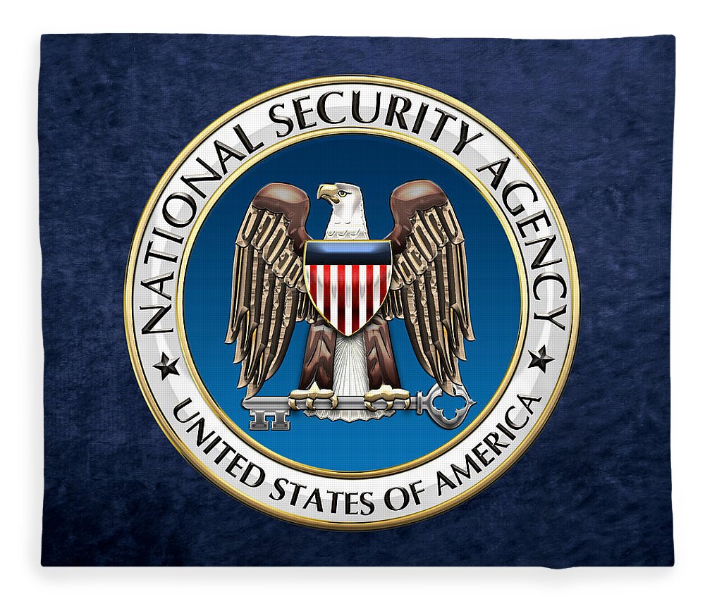 'military Insignia & Heraldry 3d' Collection By Serge Averbukh Fleece Blanket featuring the digital art National Security Agency - N S A Emblem on Blue Velvet by Serge Averbukh