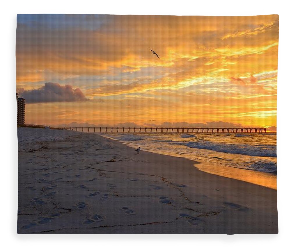 Navarre Pier Fleece Blanket featuring the photograph Navarre Pier and Navarre Beach Skyline at Sunrise with Gulls by Jeff at JSJ Photography