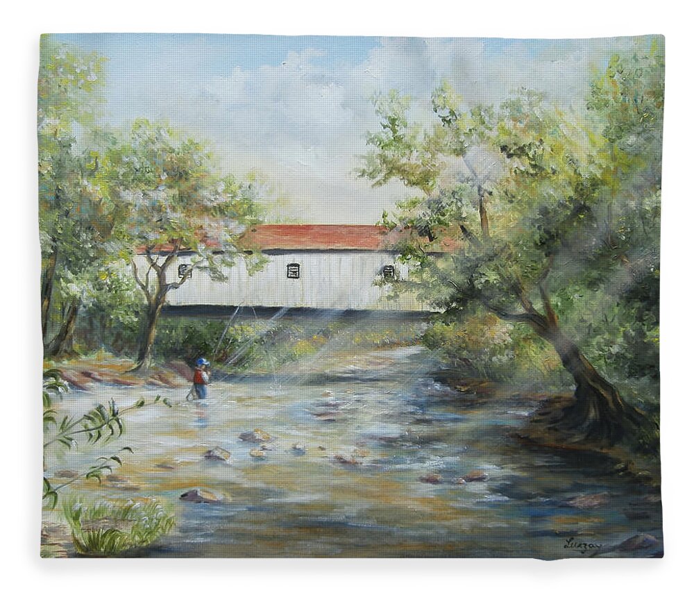 Covered Bridge Fleece Blanket featuring the painting New Jersey's Last Covered Bridge by Katalin Luczay