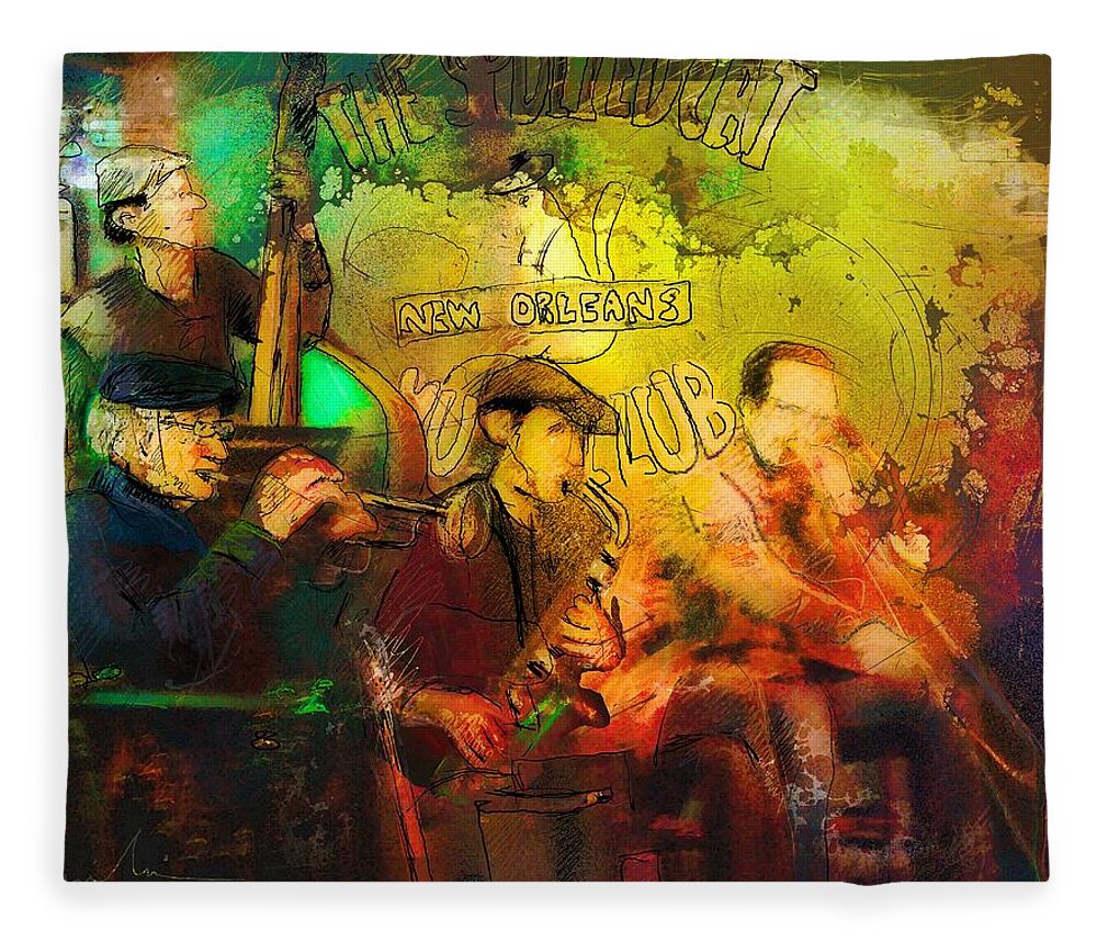 Music Fleece Blanket featuring the painting New Orleans Spotted Cat 03 Madness by Miki De Goodaboom