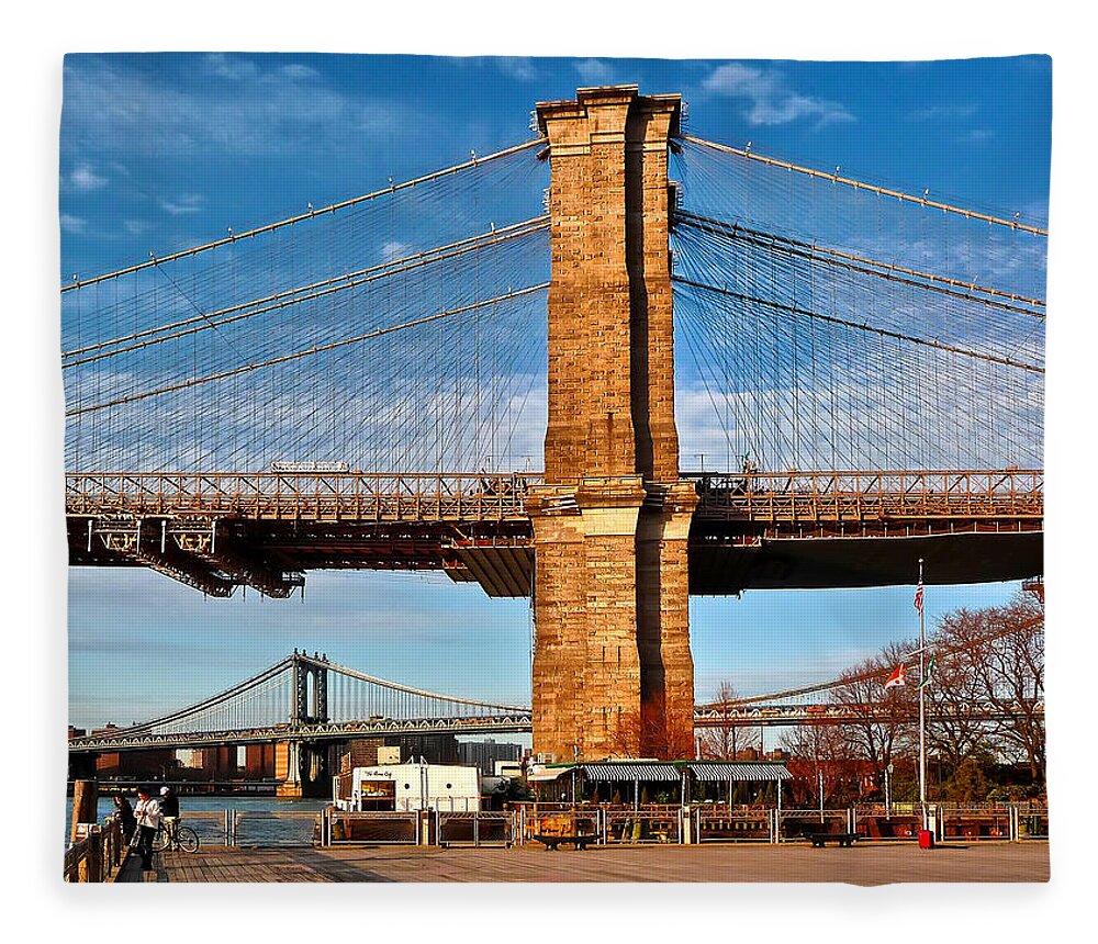 Amazing Brooklyn Bridge Photos Fleece Blanket featuring the photograph New York Bridges Lit by Golden Sunset by Mitchell R Grosky