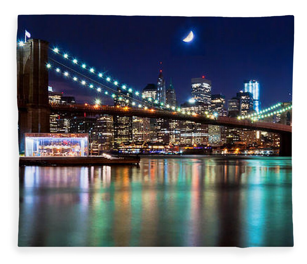 America Fleece Blanket featuring the photograph New York Skyline at the Magic Hour Panorama by Mitchell R Grosky
