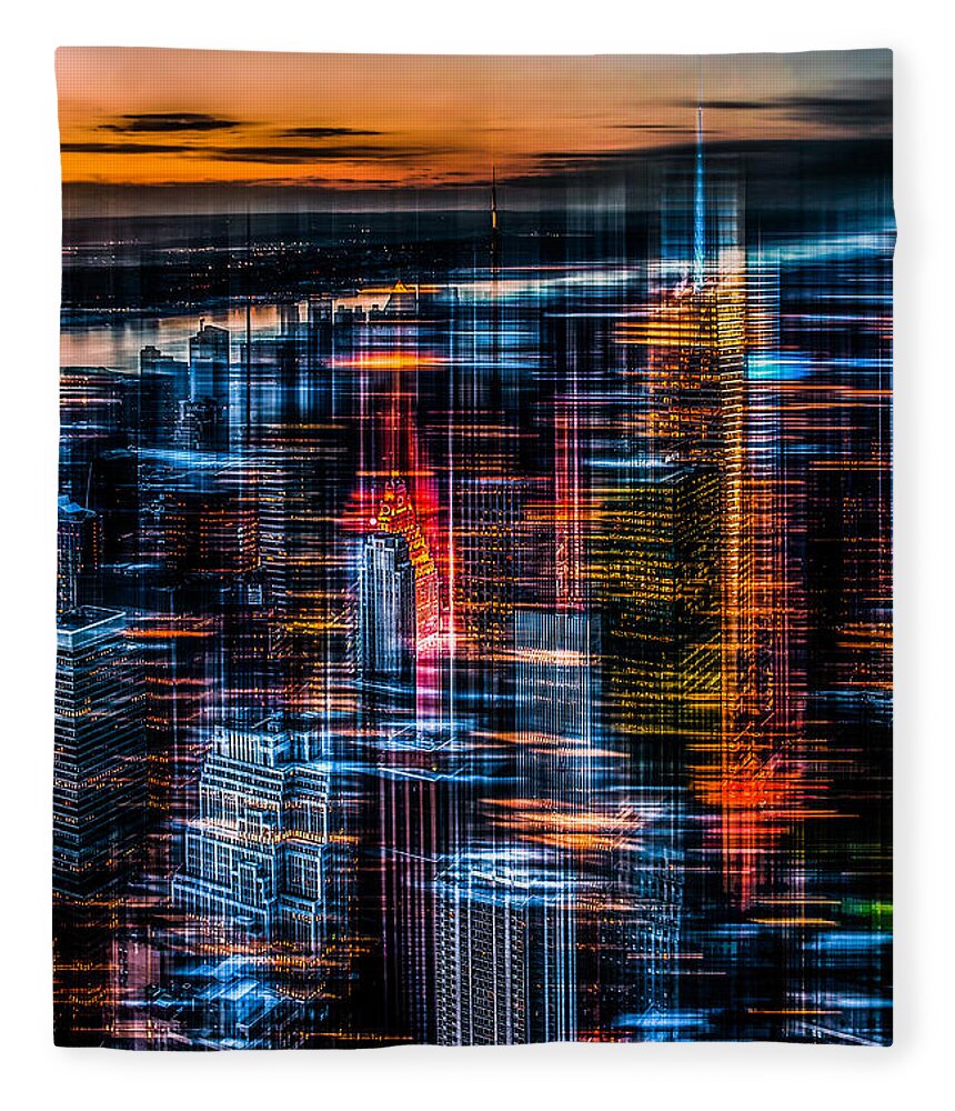 Nyc Fleece Blanket featuring the photograph New York- the night awakes - orange by Hannes Cmarits