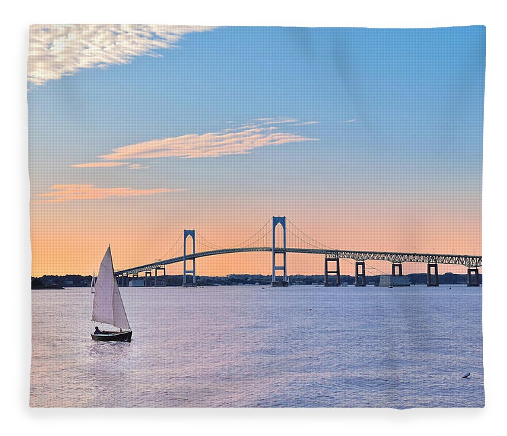 Newport Fleece Blanket featuring the photograph Newport Bridge Twilight Sunset with Sailboat Rhode Island USA by Marianne Campolongo