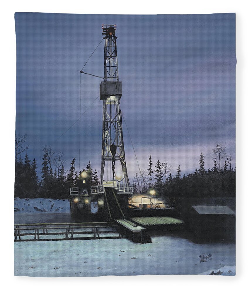 Drilling Rig Fleece Blanket featuring the painting Night Shift by Tammy Taylor