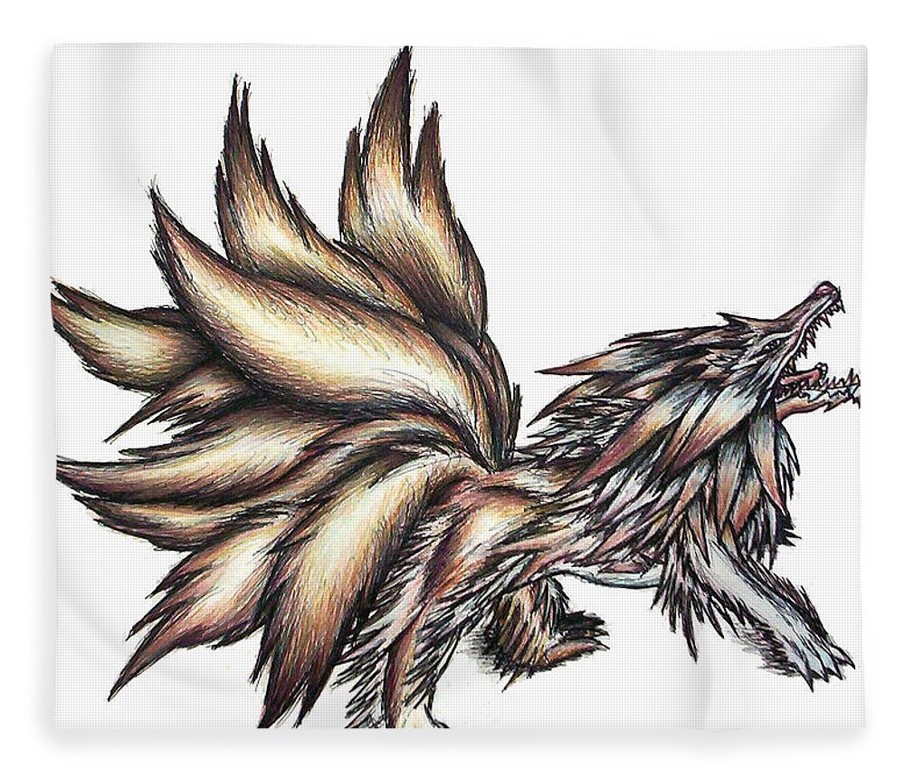 Wolf Fleece Blanket featuring the painting Nine Tails Wolf Demon by Shawn Dall