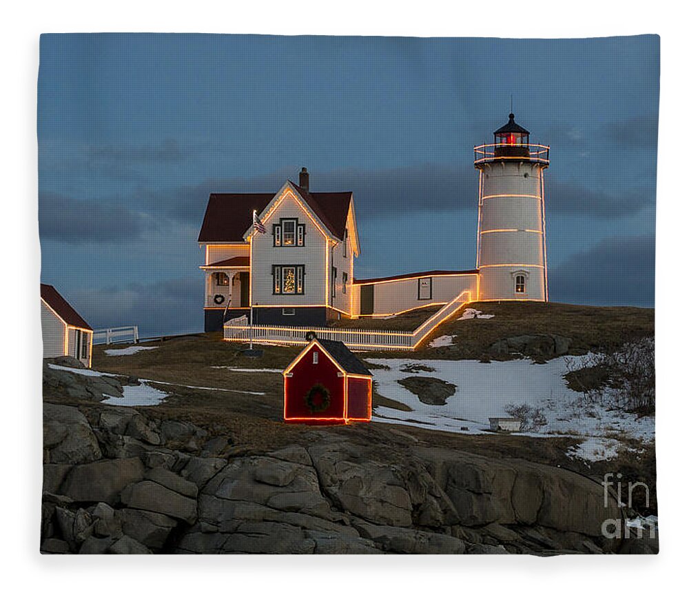 Lighthouse Fleece Blanket featuring the photograph Nubble lighthouse at Christmas by Steven Ralser