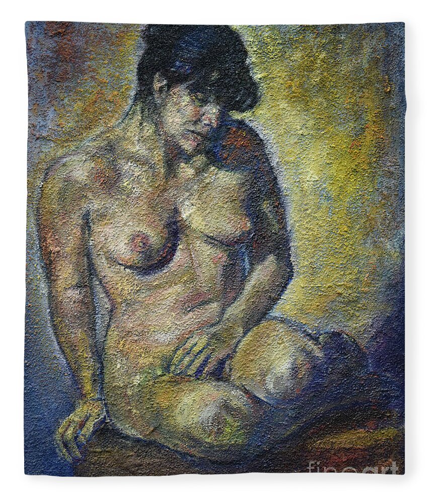 Naked Fleece Blanket featuring the painting Sad - Nude Woman by Raija Merila