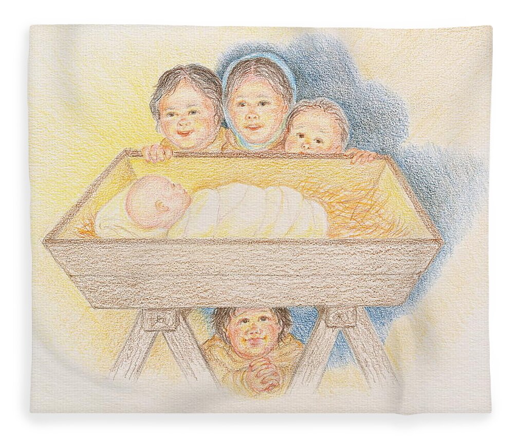 Christmas Card Fleece Blanket featuring the drawing O Come Little Children - Christmas Card by Michele Myers