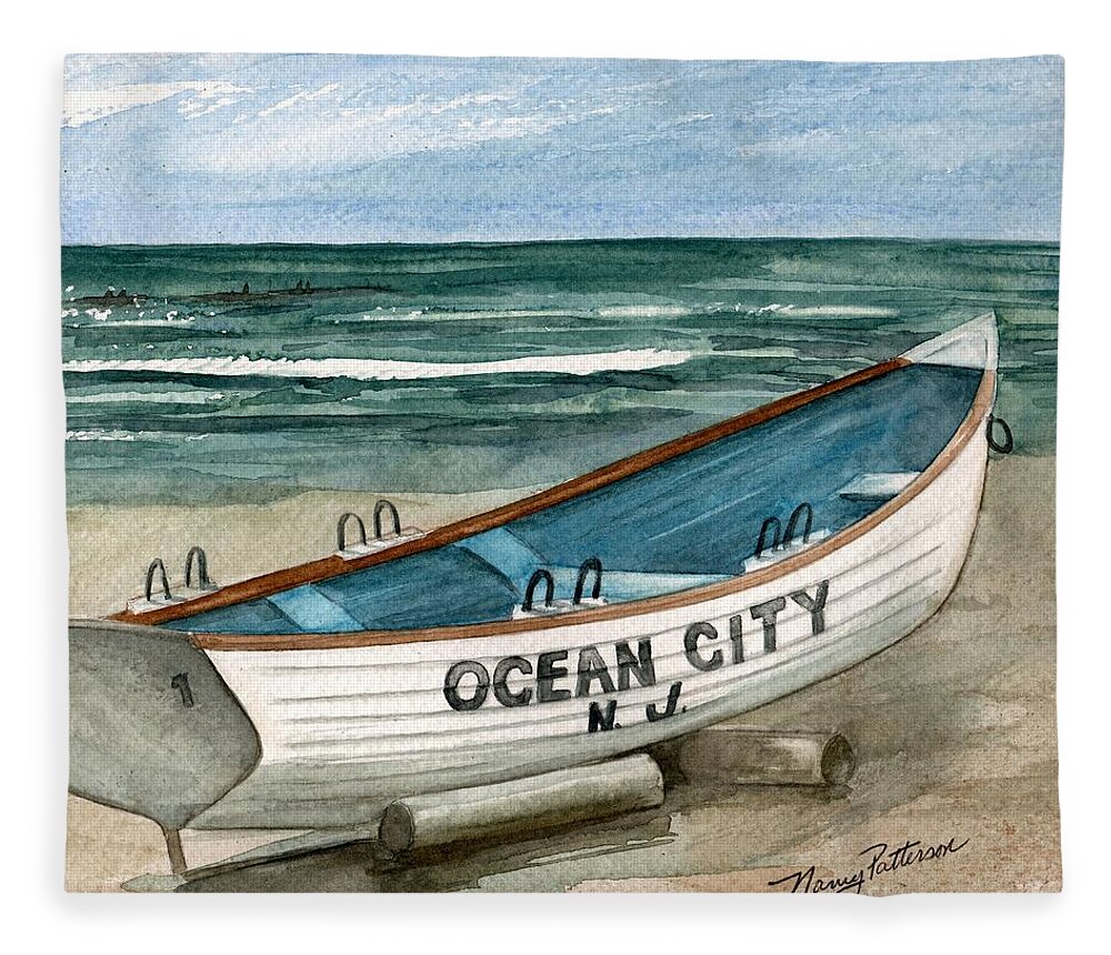 Ocean City Lifeguard Boat Fleece Blanket featuring the painting Ocean City Lifeguard Boat 2 by Nancy Patterson