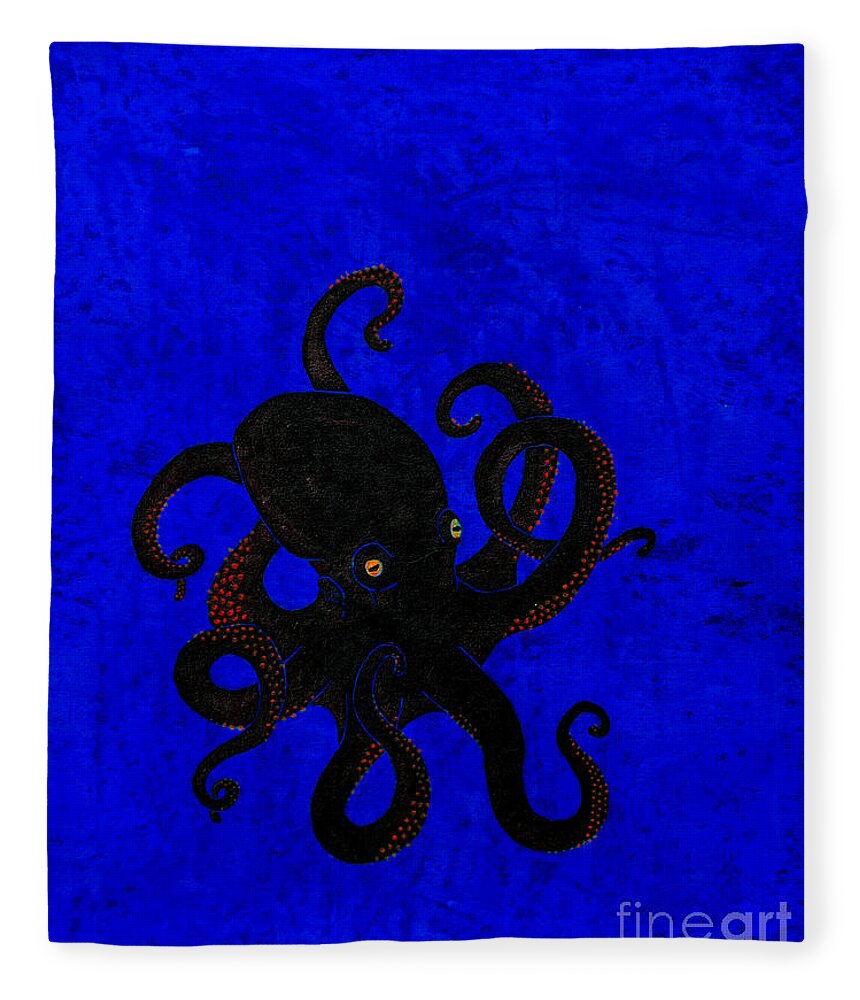 Octopus Fleece Blanket featuring the painting Octopus black and blue by Stefanie Forck