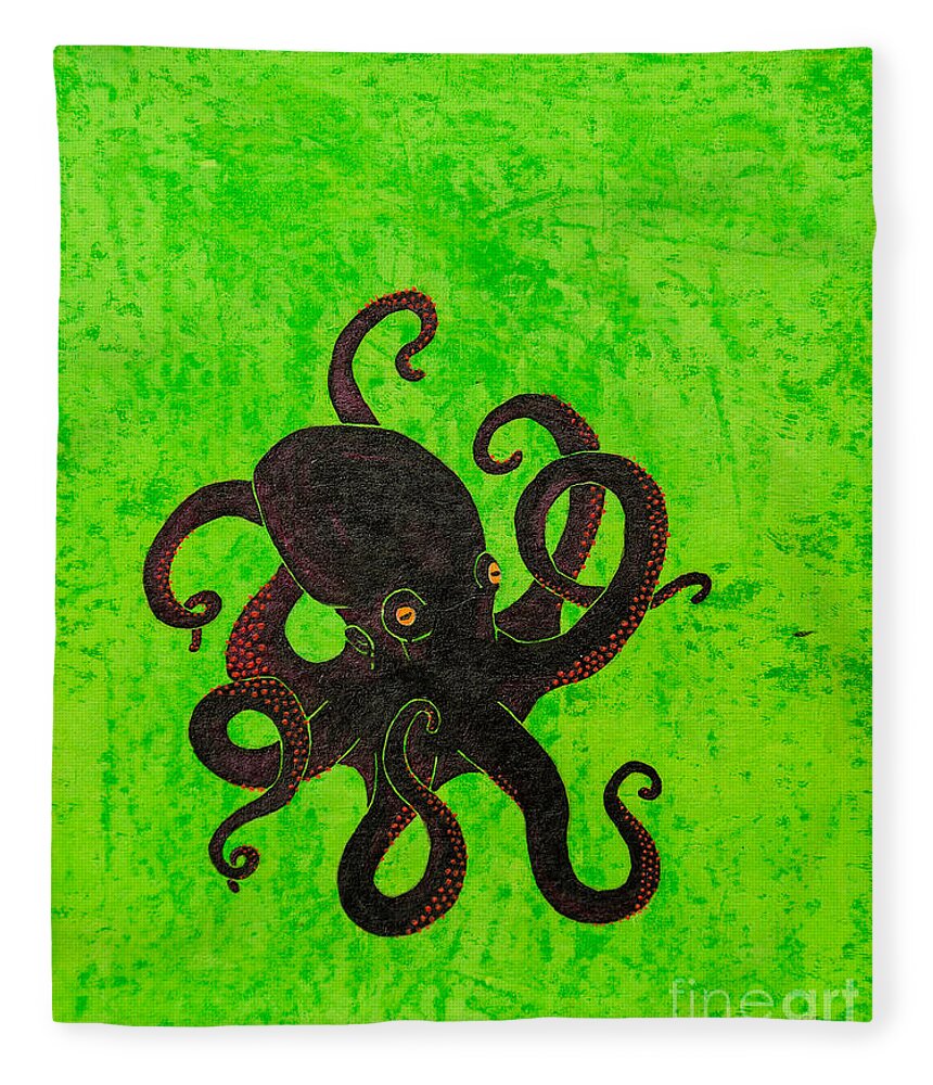 Octopus Fleece Blanket featuring the painting Octopus black by Stefanie Forck