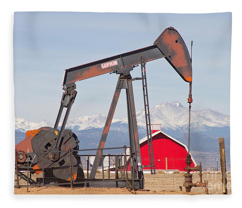 Colorado Fleece Blanket featuring the photograph Oil Well Pumpjack Red Barn and Longs Peak by James BO Insogna