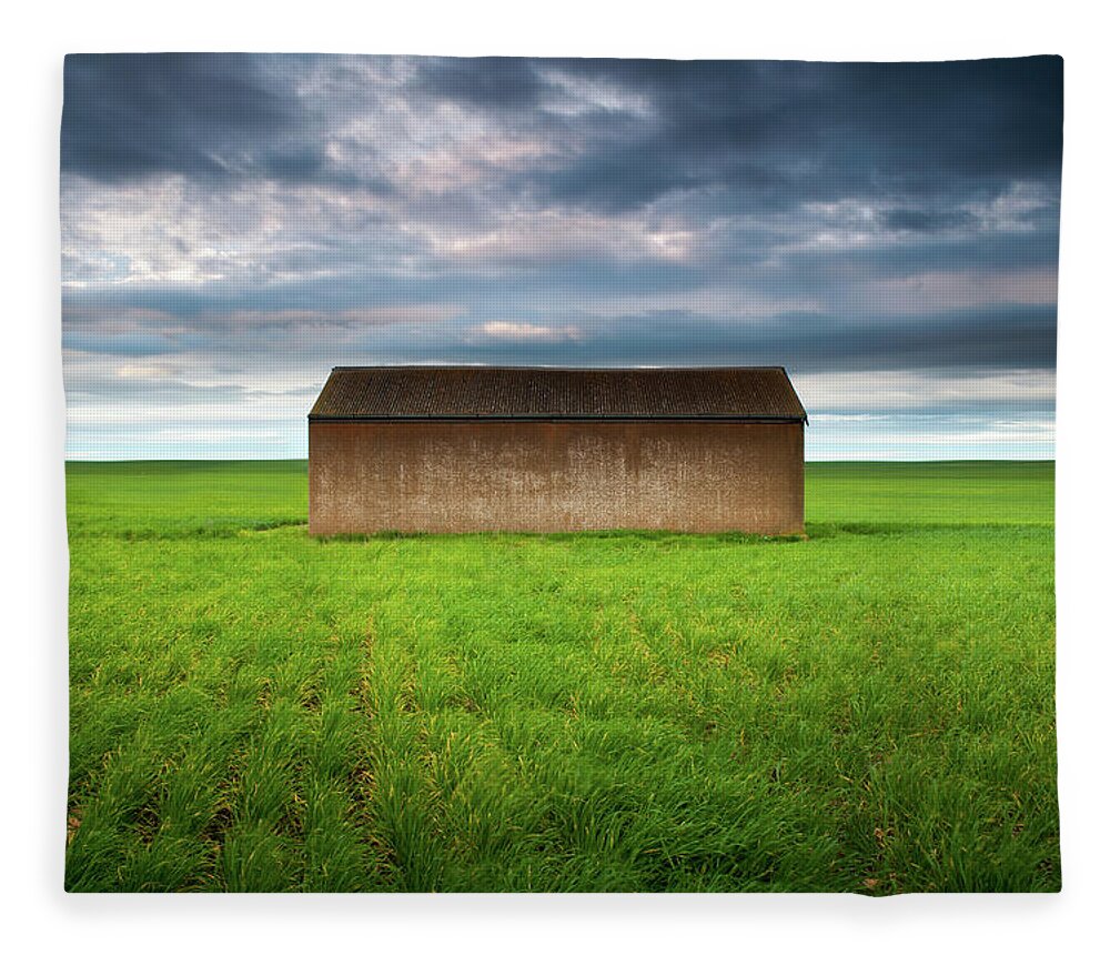 Tranquility Fleece Blanket featuring the photograph Old Farm Shed In Green Wheat Field by Robert Lang Photography