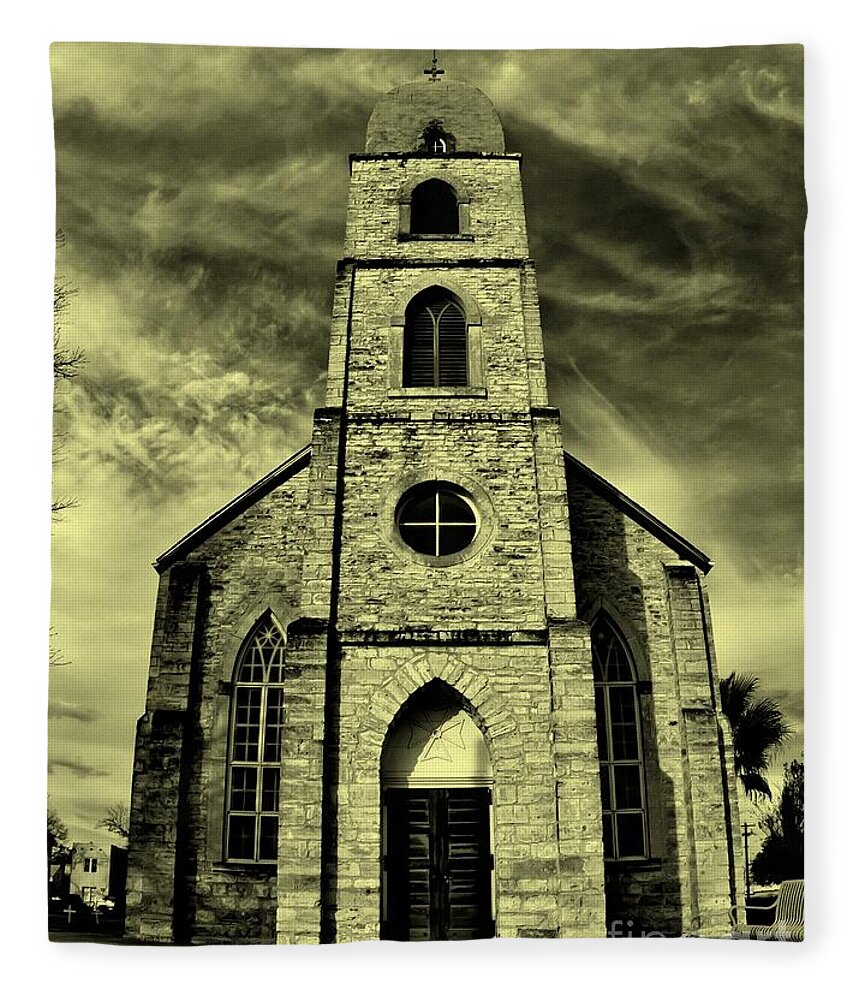 Michael Tidwell Photography Fleece Blanket featuring the photograph Old St. Mary's Church in Fredericksburg Texas in Sepia by Michael Tidwell