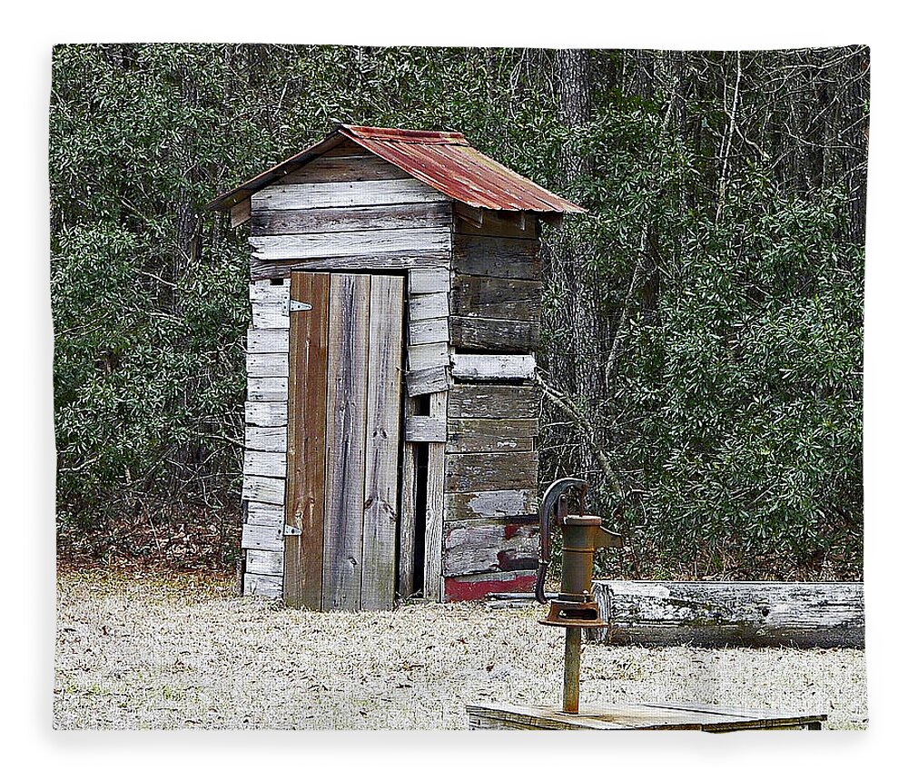 Outhouse Fleece Blanket featuring the photograph Old time Outhouse and Pitcher Pump by Al Powell Photography USA