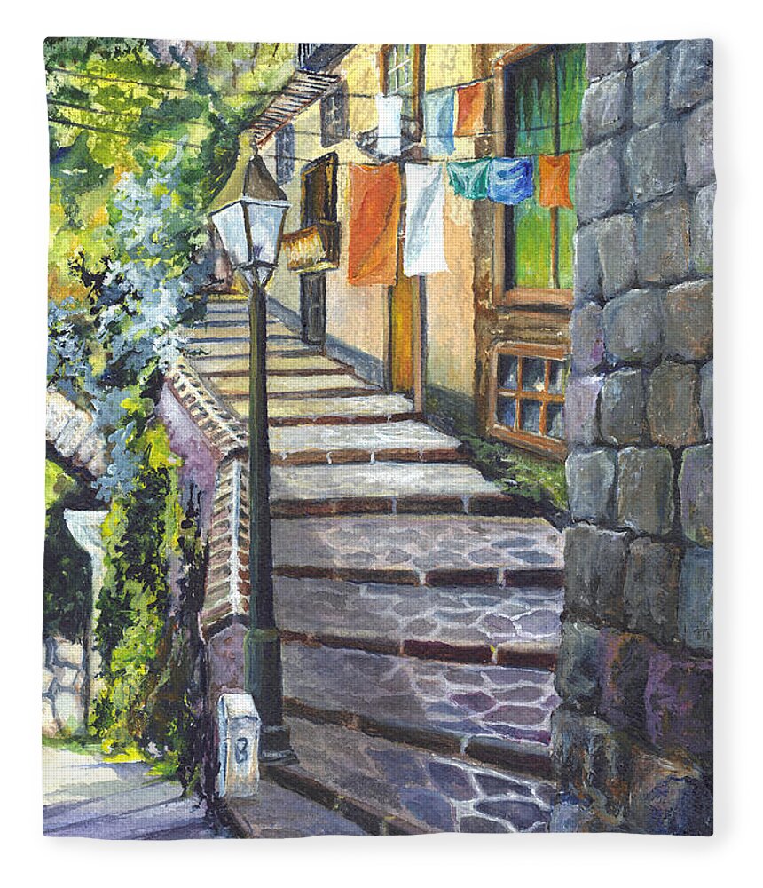 Watercolor Fleece Blanket featuring the painting Old Village Stairs - in Tuscany Italy by Carol Wisniewski