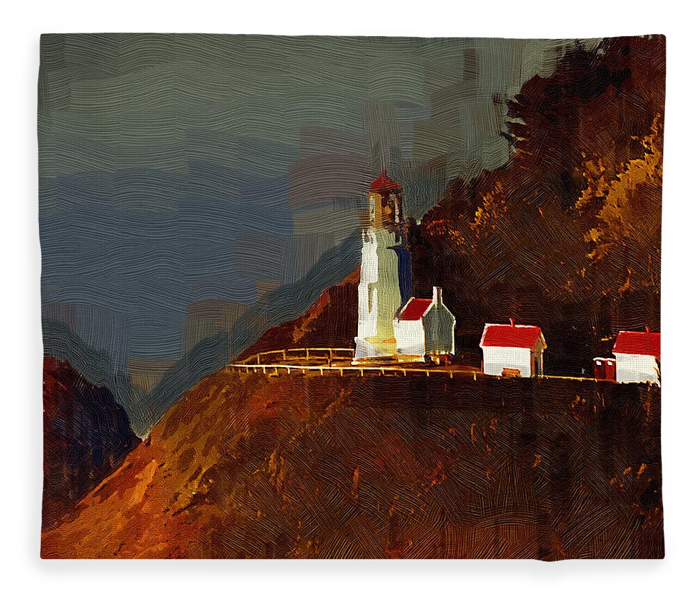 Lighthouse Fleece Blanket featuring the painting On The Bluff by Kirt Tisdale
