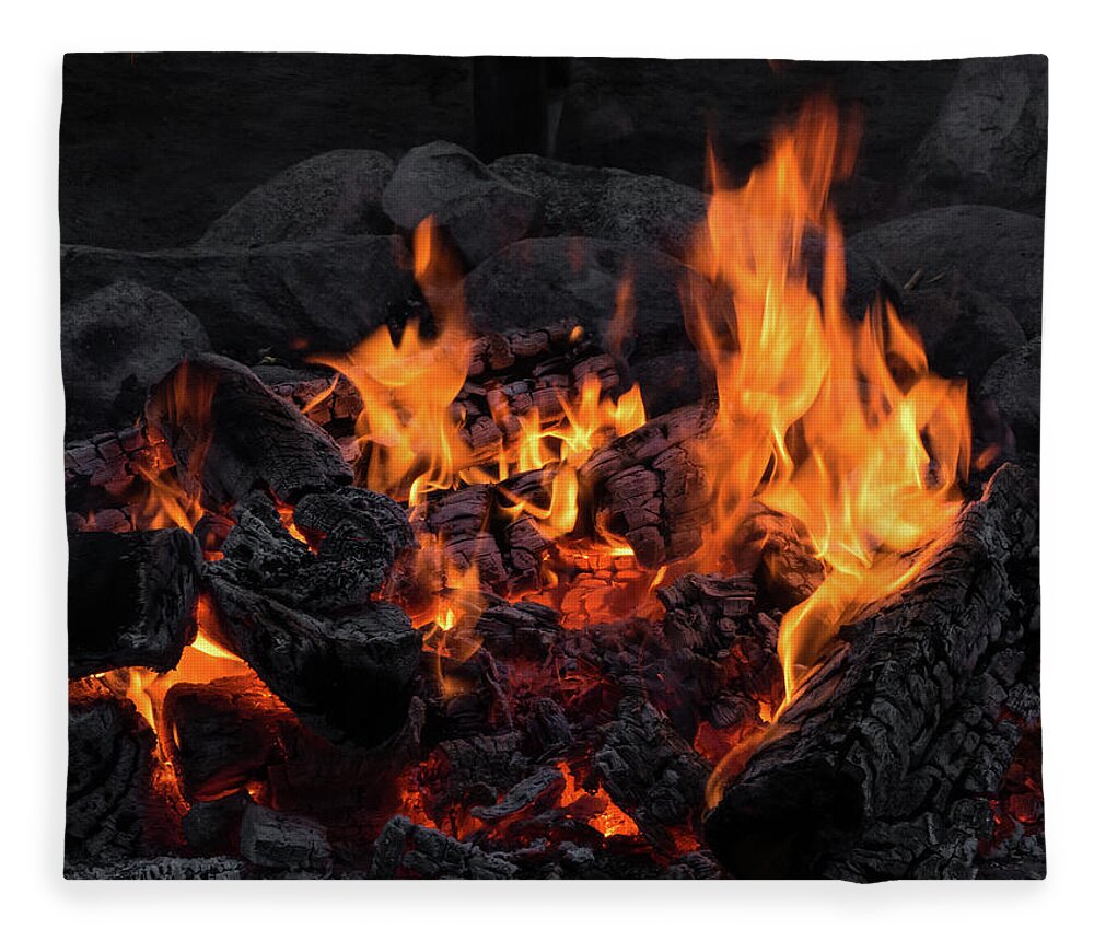 Orange Color Fleece Blanket featuring the photograph Orange Flames Flare Up In Campfire by Alice Cahill