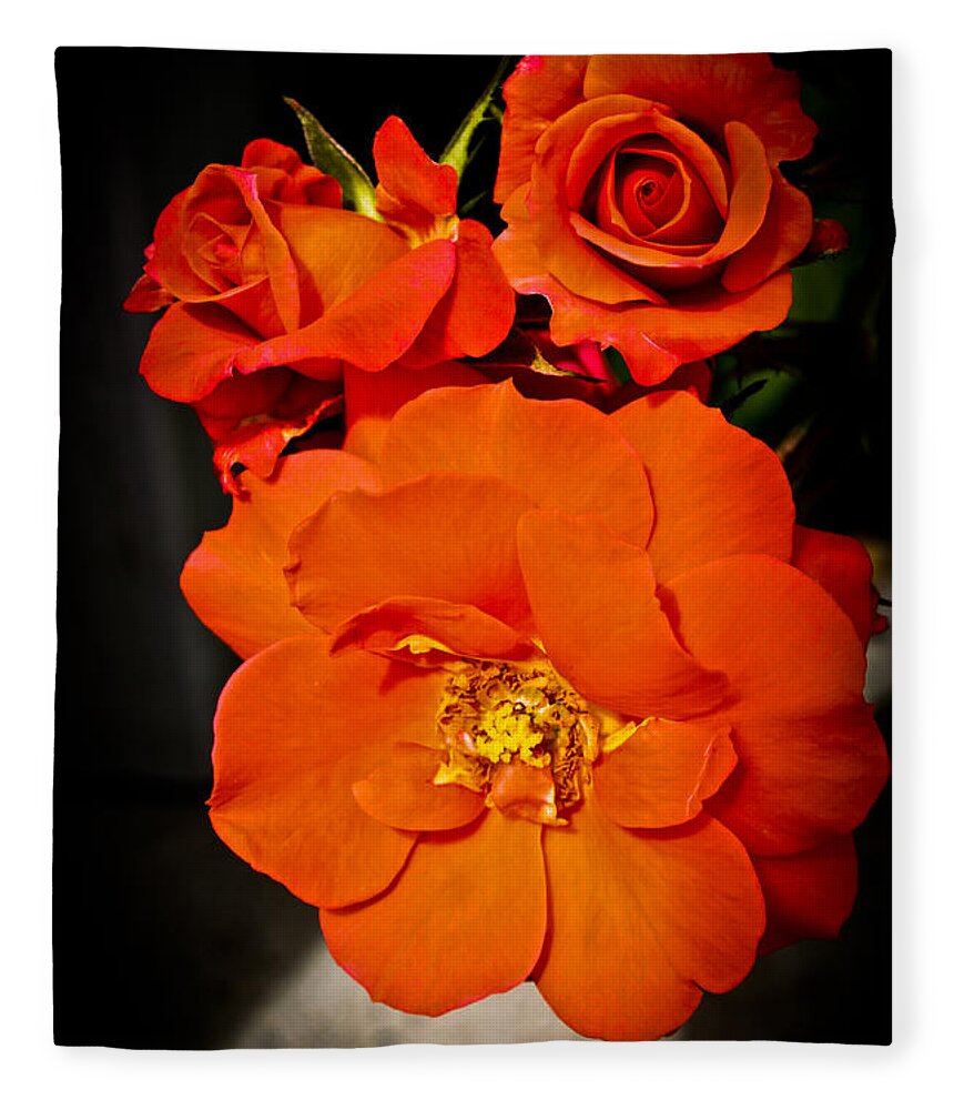 Orange Roses Photographs Fleece Blanket featuring the photograph Orange Rose Trio by Joann Copeland-Paul