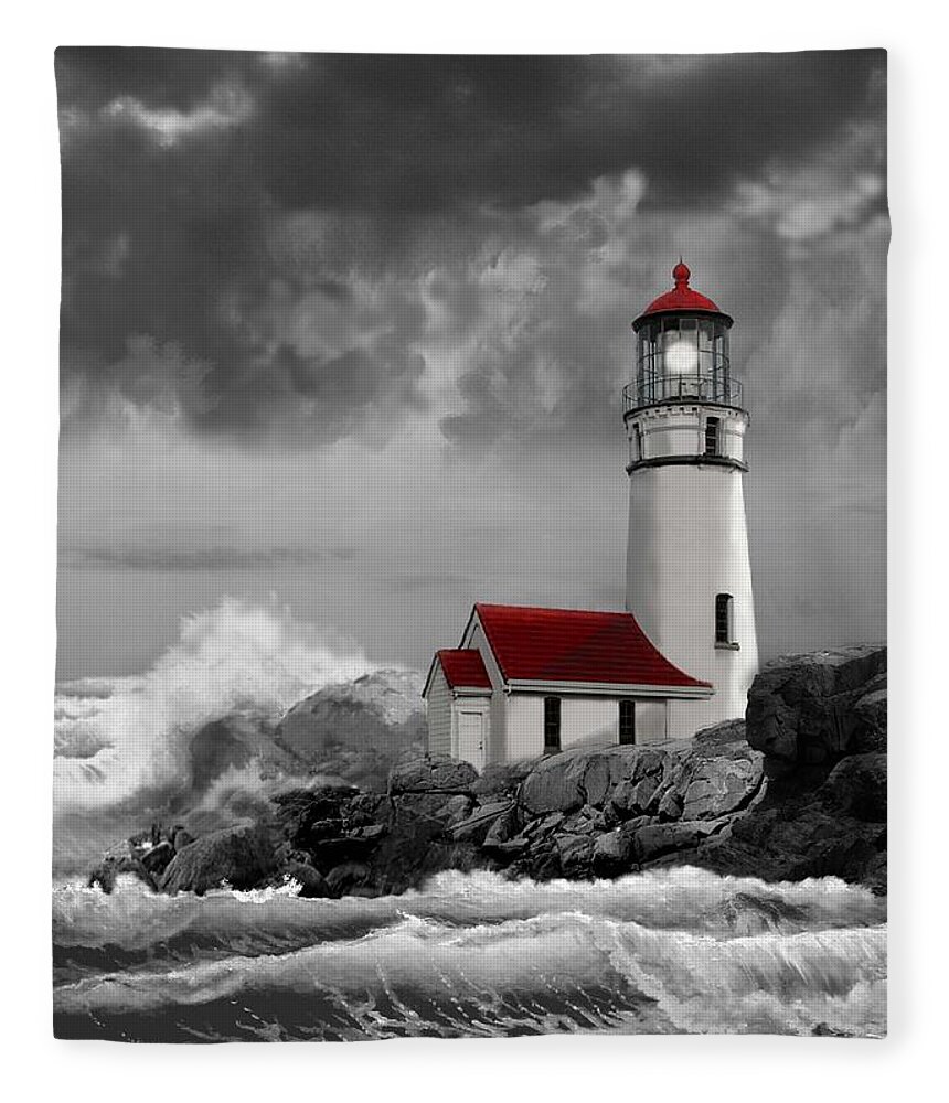 Oregon Lighthouse Cape Blanco With Stormy Sea Fleece Blanket featuring the painting Oregon lighthouse Cape Blanco in black white and red by Regina Femrite