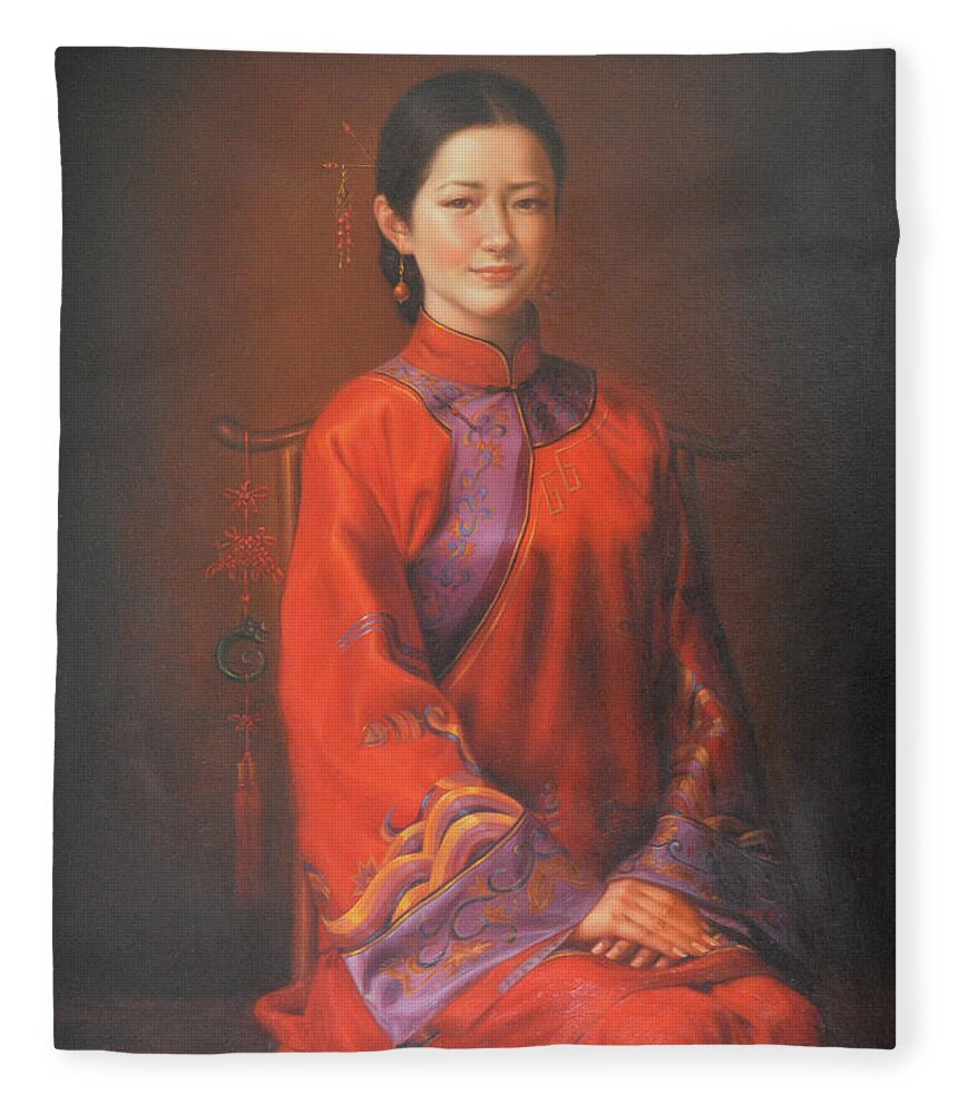 Original Fleece Blanket featuring the painting Original Classic Portrait Oil Painting Woman Art - Beautiful Chinese Bride Girl by Hongtao Huang