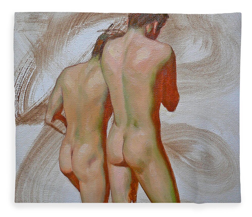 Original Fleece Blanket featuring the painting Original Gay Man Body Art Male Nude On Canvas-077 by Hongtao Huang