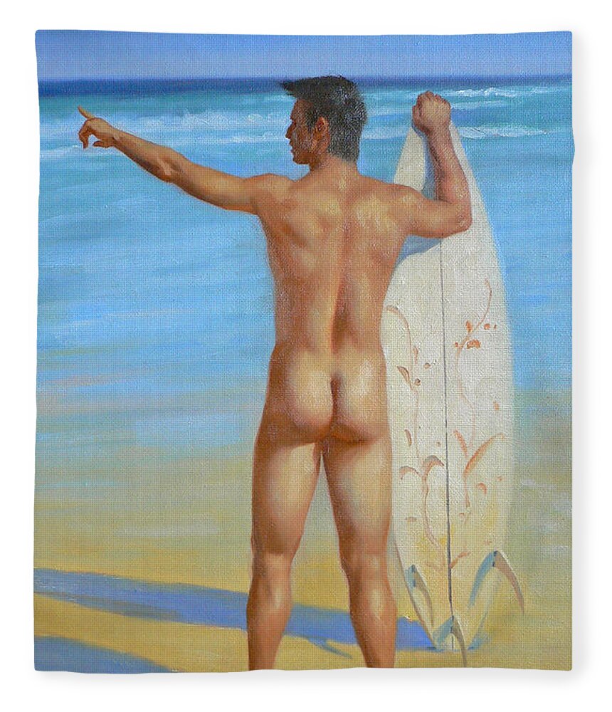 Original. Oil Painting Art Fleece Blanket featuring the painting Original Oil Painting Man Body Art-male Nude By The Sea#16-2-1-02 by Hongtao Huang