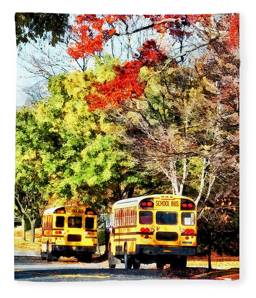 Bus Fleece Blanket featuring the photograph Parked School Buses by Susan Savad