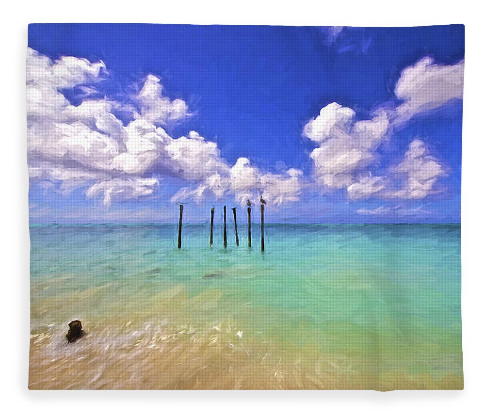 Aruba Fleece Blanket featuring the painting Pelicans of Aruba by David Letts