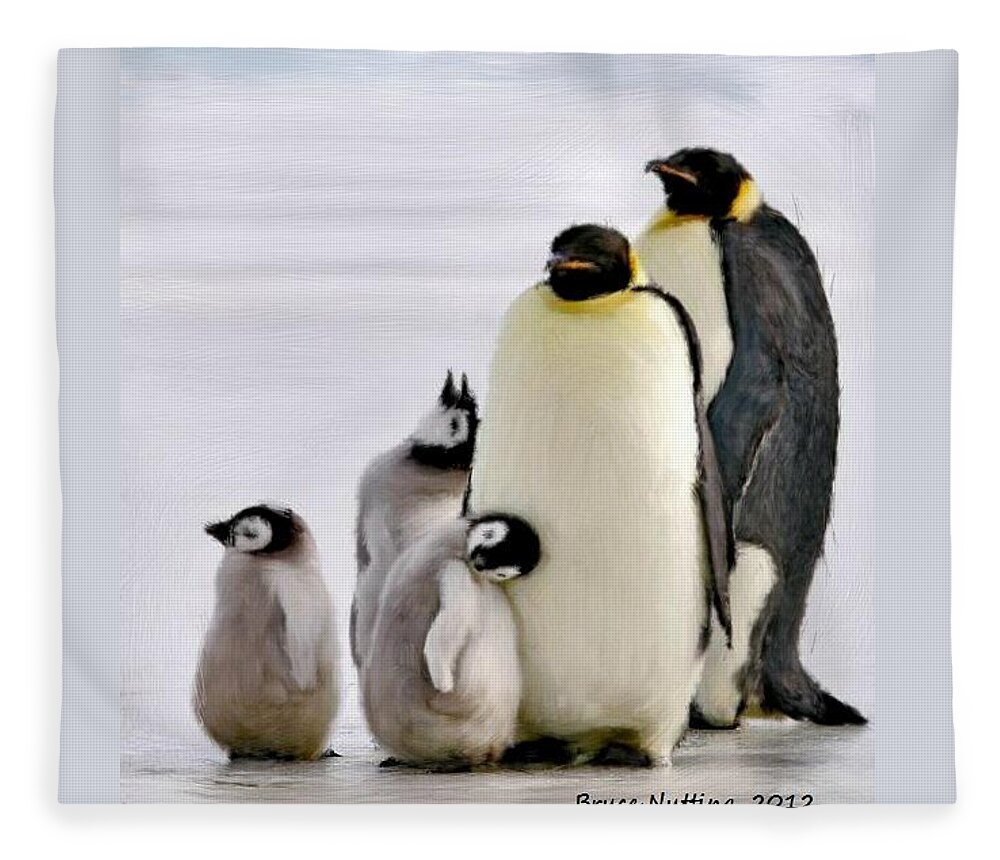 Penguin Fleece Blanket featuring the painting Penguin Family by Bruce Nutting