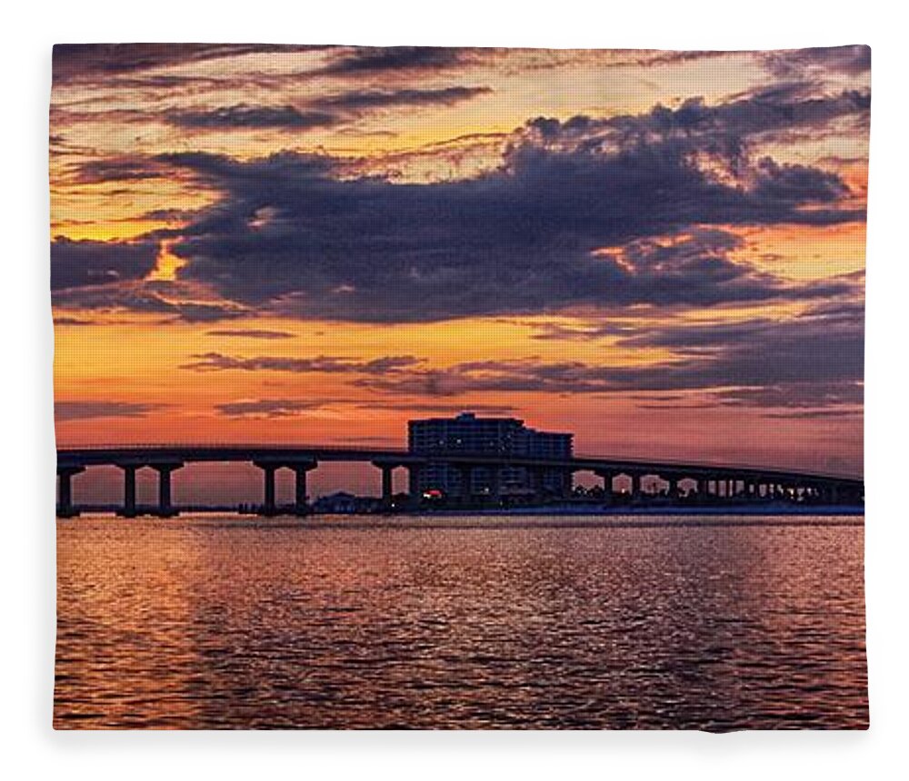 Palm Fleece Blanket featuring the digital art Perdido Bridge Sunrise by Michael Thomas