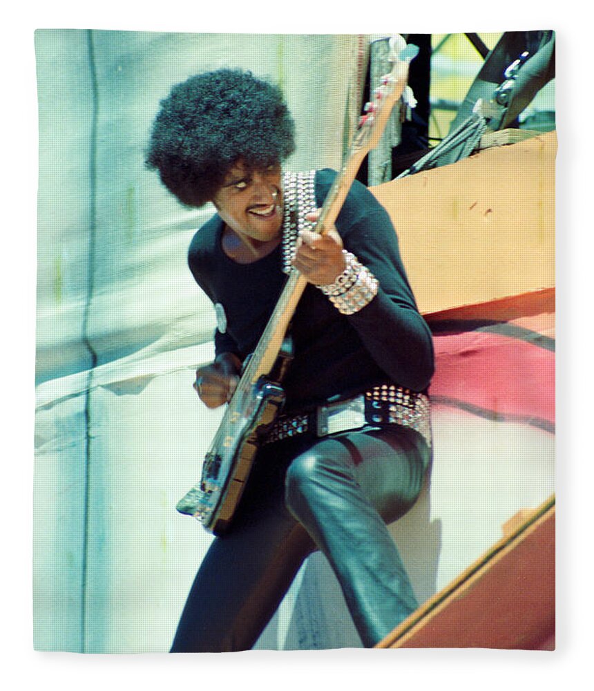Phil Lynott Fleece Blanket featuring the photograph Phil Lynott of Thin Lizzy - Black Rose Tour Day on the Green 7-4-79 by Daniel Larsen