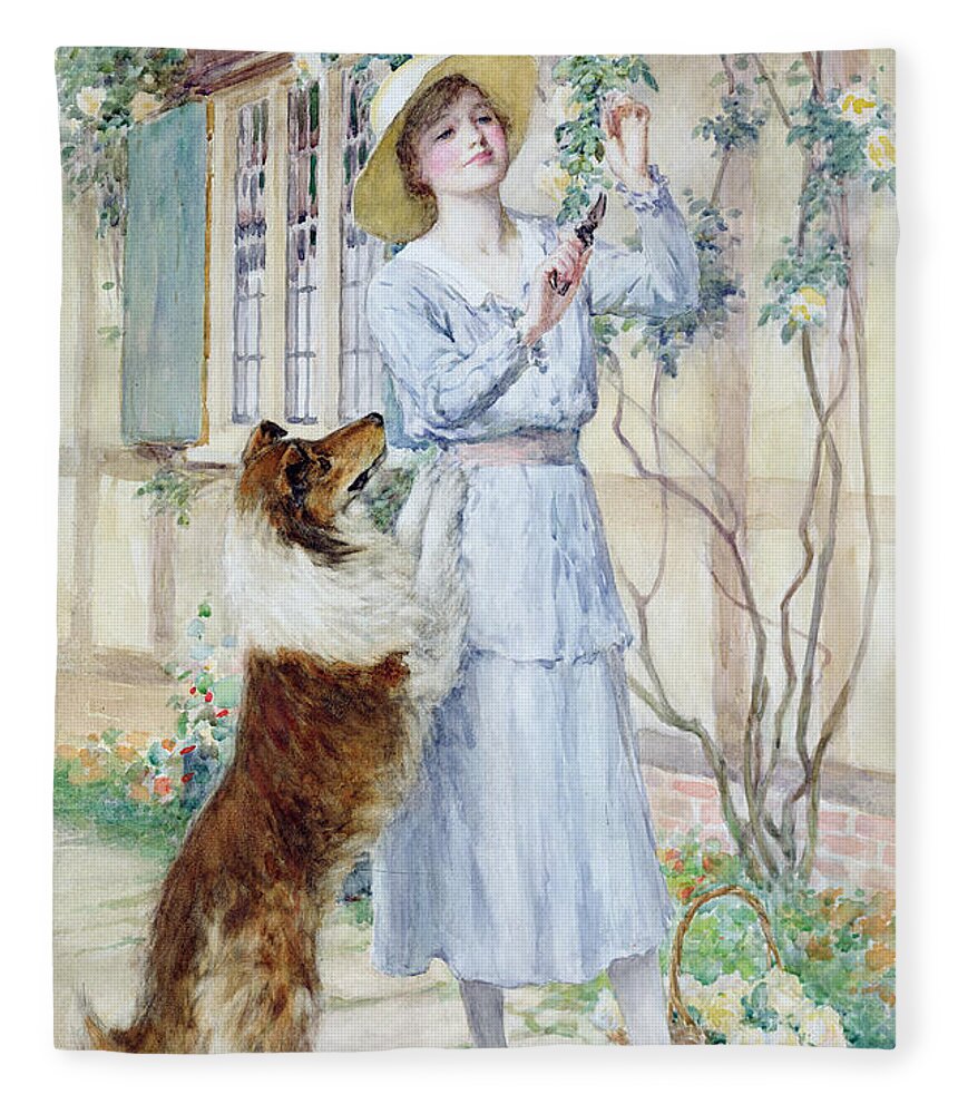 Rose Fleece Blanket featuring the painting Picking Roses by William Henry Margetson