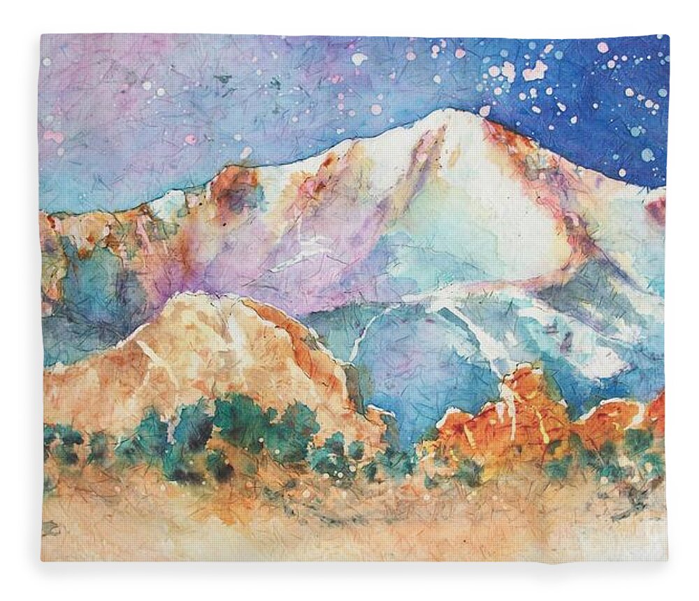 Pikes Peak Fleece Blanket featuring the painting Pikes Peak Over the Garden of the Gods by Carol Losinski Naylor