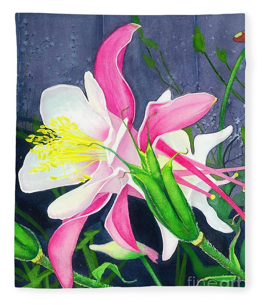 Flower Fleece Blanket featuring the painting Pink Columbine by Barbara Jewell
