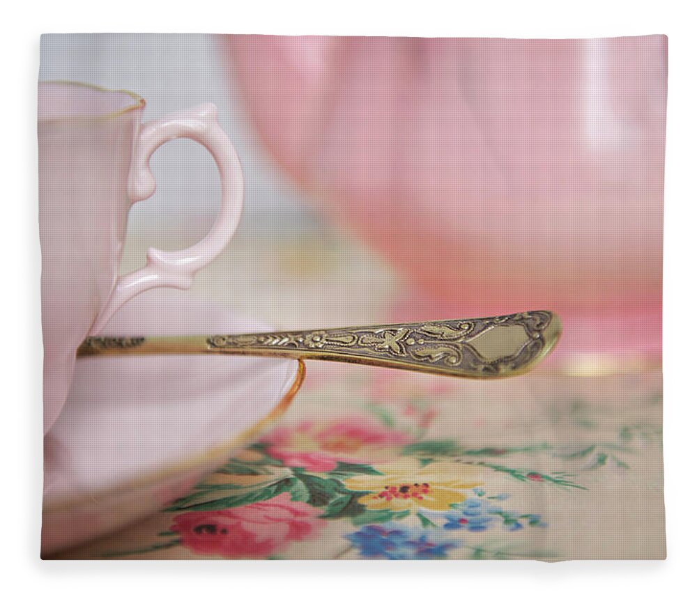 Spoon Fleece Blanket featuring the photograph Pink Teapot And Cup Of Tea by Sharon Lapkin