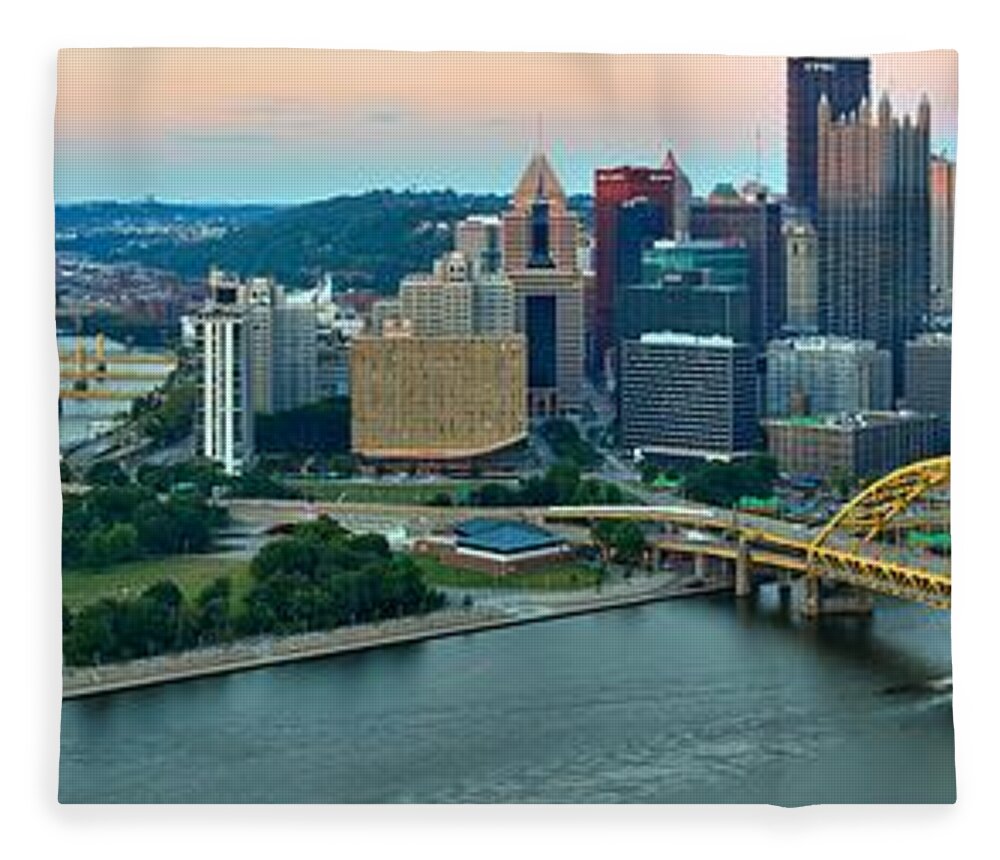 Pittsburgh Skyline Fleece Blanket featuring the photograph Pittsburgh Panorama At Dusk by Adam Jewell