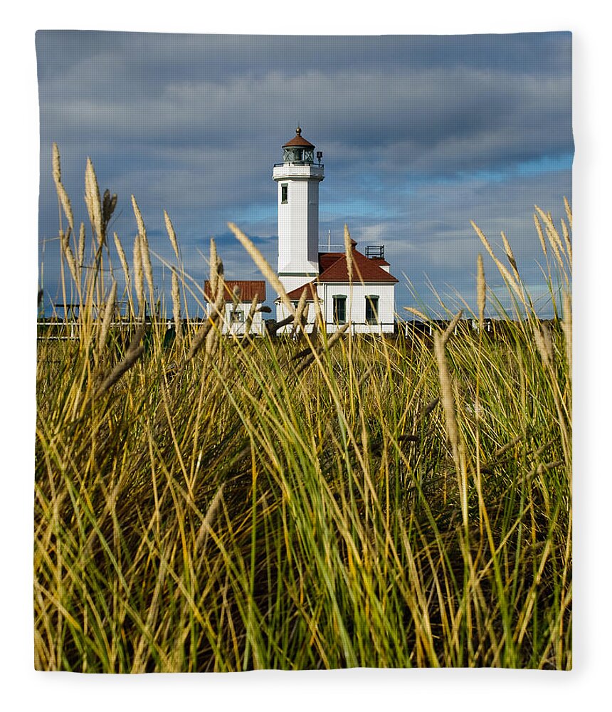 Architecture Fleece Blanket featuring the photograph Point Wilson Lighthouse and Grassy Foreground by Jeff Goulden