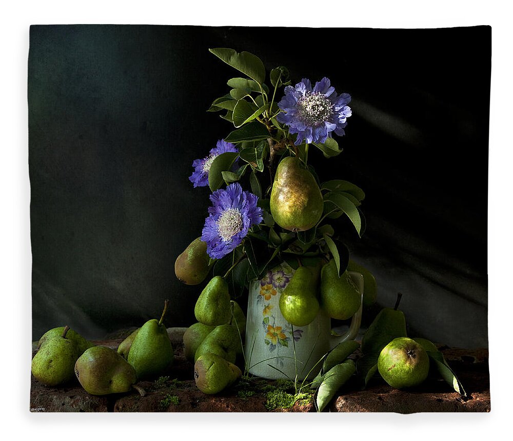 Chiaroscuro Fleece Blanket featuring the photograph Poires Et Fleurs by Theresa Tahara