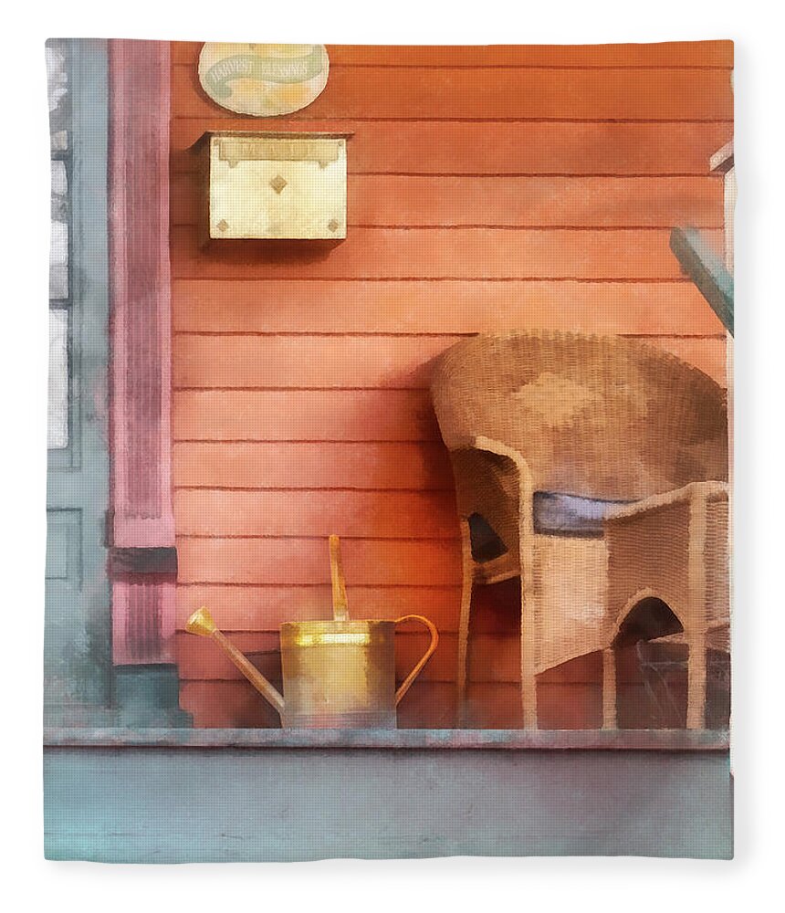Watering Can Fleece Blanket featuring the photograph Porch With Brass Watering Can by Susan Savad