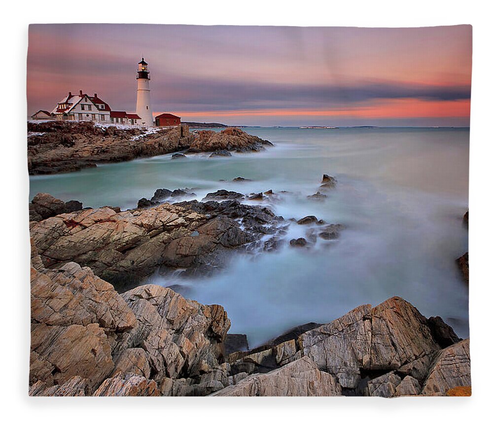 Tranquility Fleece Blanket featuring the photograph Portland Head Light Snowy Sunset by Katherine Gendreau Photography