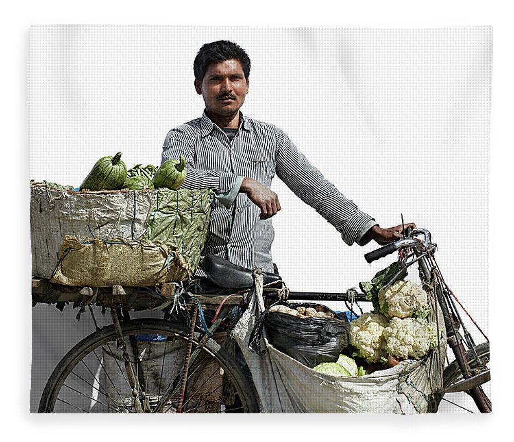 Asian And Indian Ethnicities Fleece Blanket featuring the photograph Portrait Of A Vegetable Vendor In by Paper Boat Creative