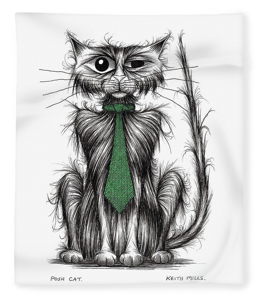 Dapper Kitty Fleece Blanket featuring the drawing Posh cat by Keith Mills