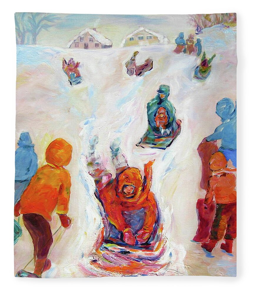 Kids Tobogganing Fleece Blanket featuring the painting Prairie Winter Fun by Naomi Gerrard