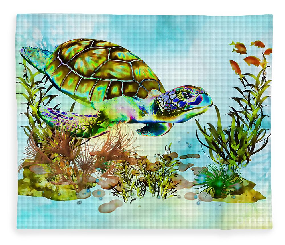 Psychedelic Sea Turtle Fleece Blanket featuring the mixed media Psychedelic Sea Turtle by Olga Hamilton