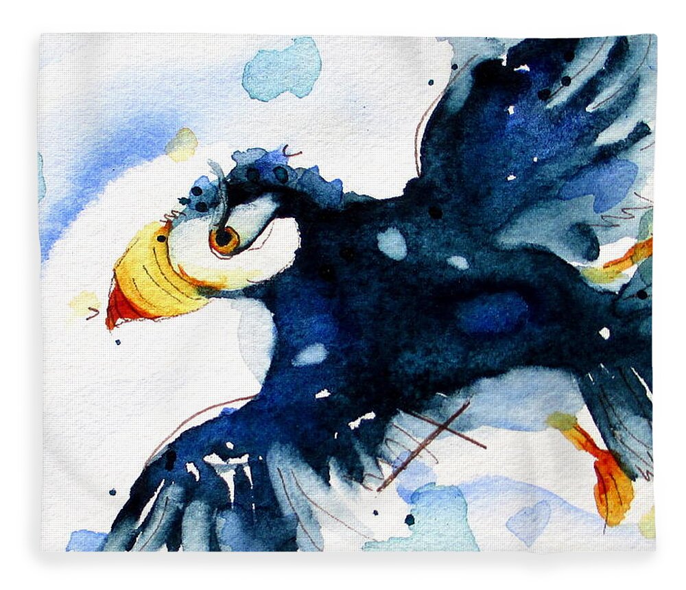 Puffin In Flight Fleece Blanket featuring the painting Puffin Flight by Dawn Derman