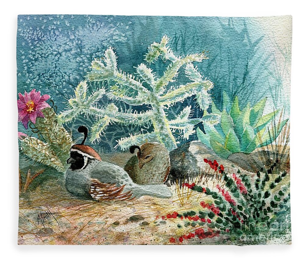 Gambel's Quail Fleece Blanket featuring the painting Quail at Rest by Marilyn Smith