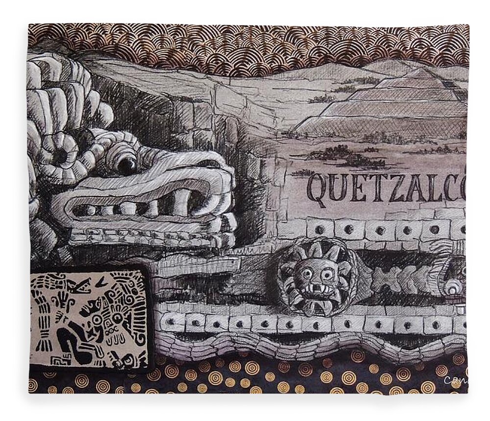 Mexico Fleece Blanket featuring the mixed media Quetzalcoatl by Candy Mayer